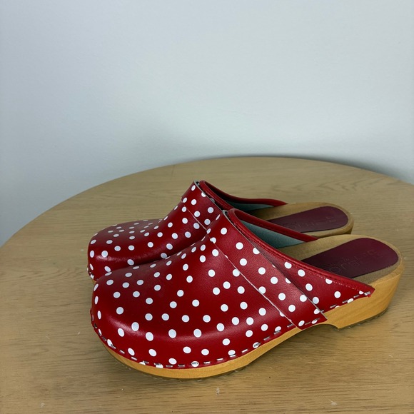 Bjork Swedish Comfort Emma Red Polka Dot Leather Wooden Clogs Women's 39 - Picture 4 of 8